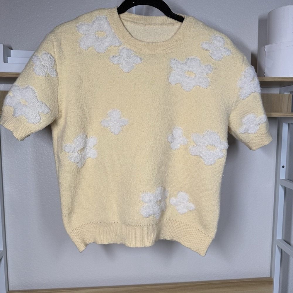 Cider Daisy Floral Puffy Short Sleeve Sweater Too Size 0X Yellow Pullover Soft
